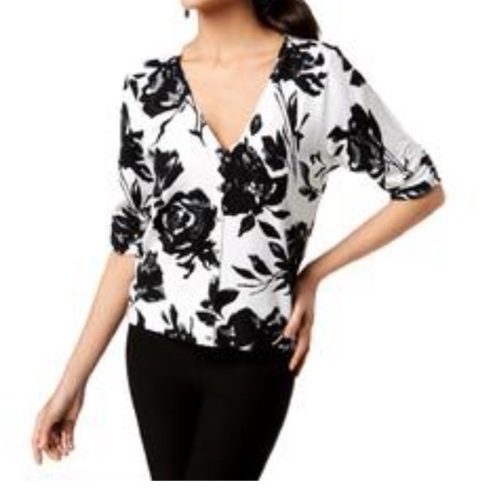 Carole Little wool floral cardigan sweater white with black flowers